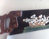 Hand Painted Vintage Saw, Wall Hanging, Cotton Field, Farmhouse,