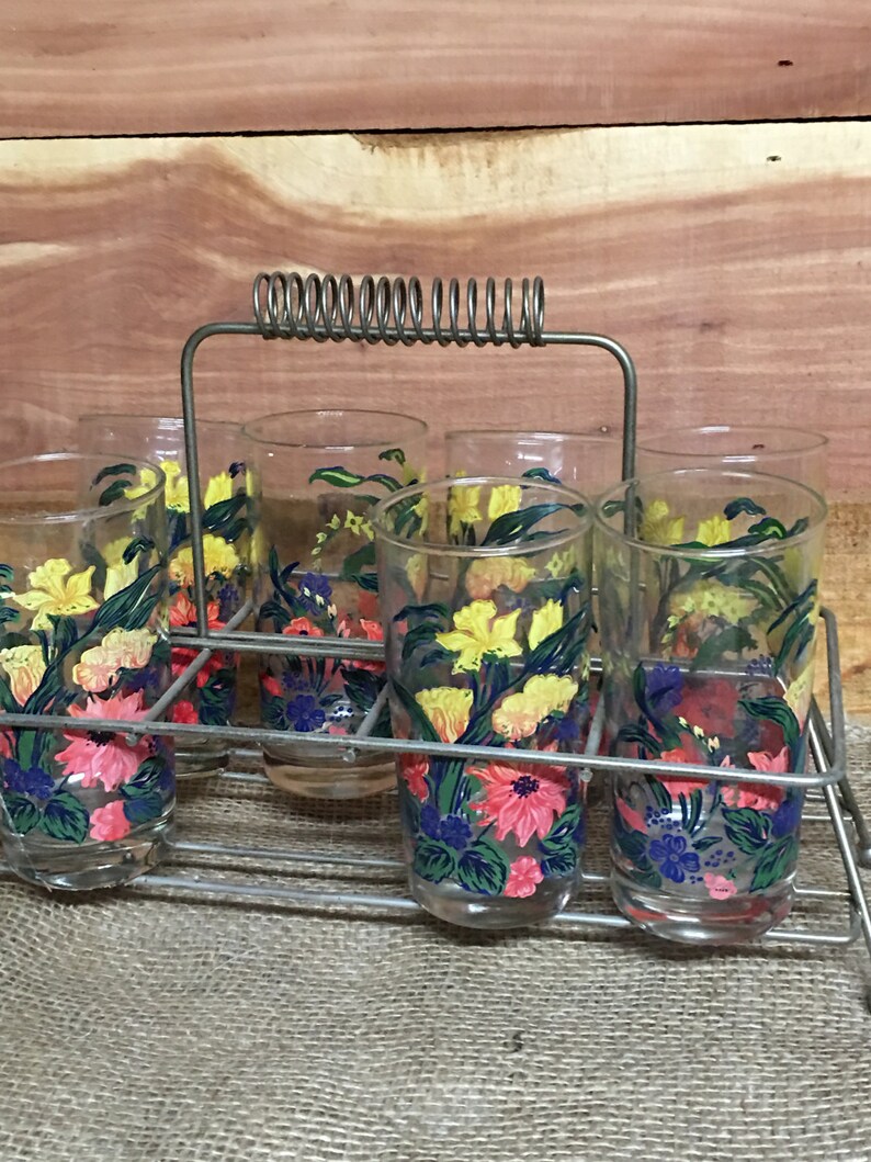 Vintage Drinkware With Silver Caddy Set of 7 Retro Glasses Etsy