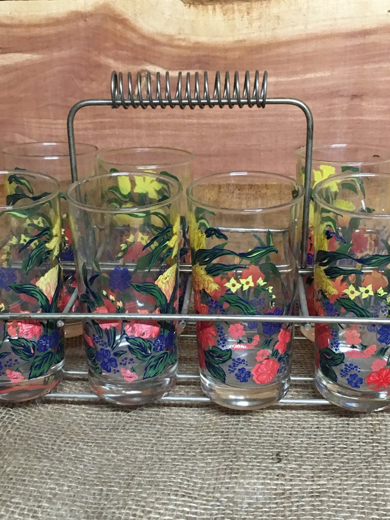 Vintage Drinkware With Silver Caddy Set of 7 Retro Glasses Etsy