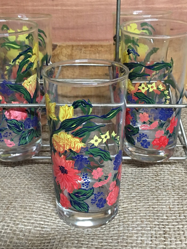 Vintage Drinkware With Silver Caddy Set of 7 Retro Glasses Etsy