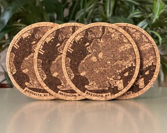 Brooklyn, NY map coasters - engraved cork - set of 4