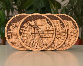 Downtown Brooklyn, NY map coasters - engraved cork - set of 4