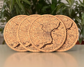 Philadelphia, PA map coasters - engraved cork - set of 4