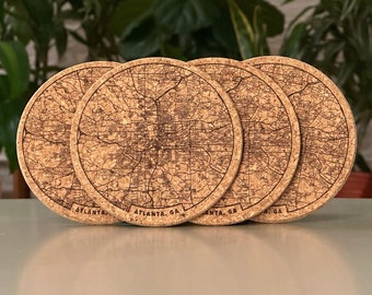 Atlanta, GA map coasters - engraved cork - set of 4