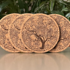 Washington, DC map coasters - engraved cork - set of 4