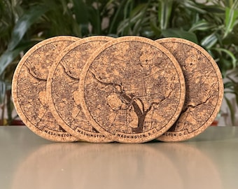 Washington, DC map coasters - engraved cork - set of 4