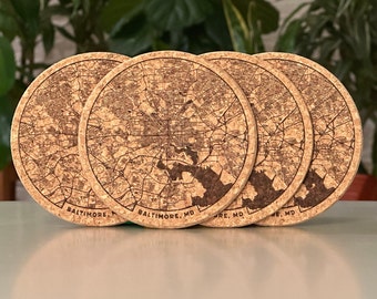 Baltimore, MD map coasters - engraved cork - set of 4