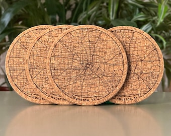 Houston, TX map coasters - engraved cork - set of 4