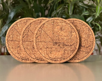 Phoenix, AZ map coasters - engraved cork - set of 4