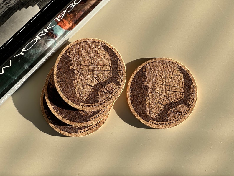 Downtown NYC New York City map coasters engraved cork set of 4 image 3