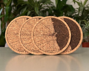 Chicago, IL map coasters - engraved cork - set of 4