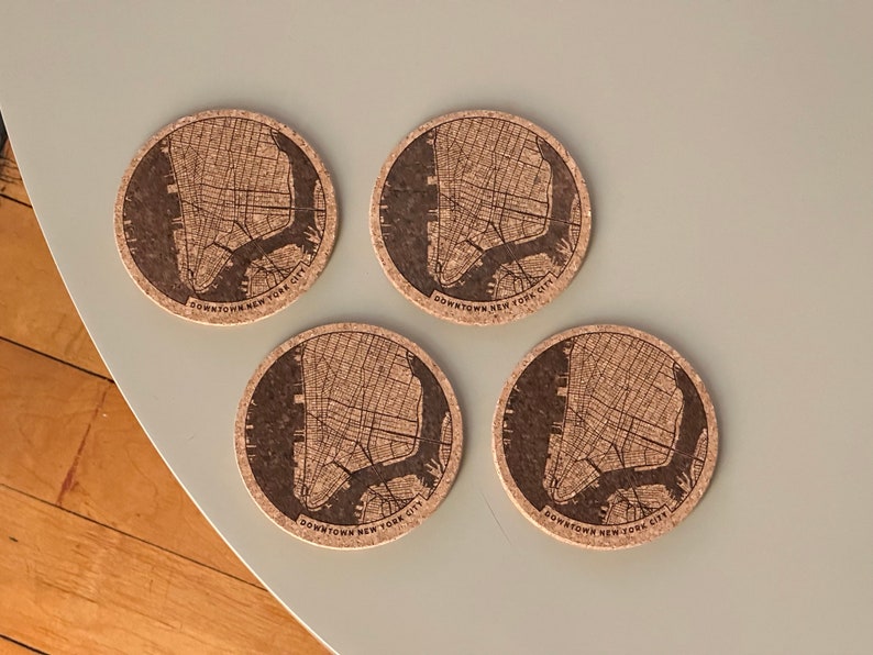 Downtown NYC New York City map coasters engraved cork set of 4 image 4