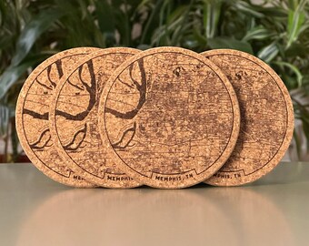 Memphis, TN map coasters - engraved cork - set of 4