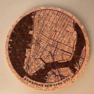 Downtown NYC New York City map coasters engraved cork set of 4 image 2
