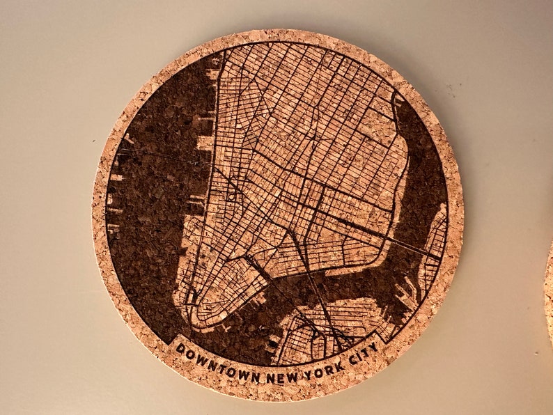 Downtown NYC New York City map coasters engraved cork set of 4 image 2