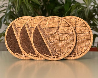 Manhattan Beach, CA map coasters - engraved cork - set of 4