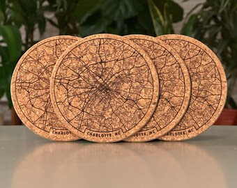 Charlotte, NC map coasters - engraved cork - set of 4