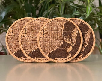 Miami, FL map coasters - engraved cork - set of 4