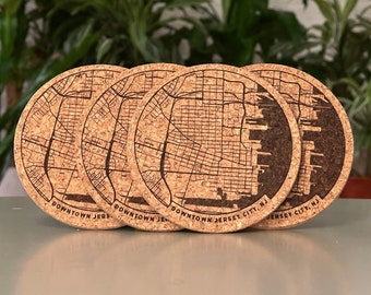 Downtown Jersey City, NJ map coasters - engraved cork - set of 4