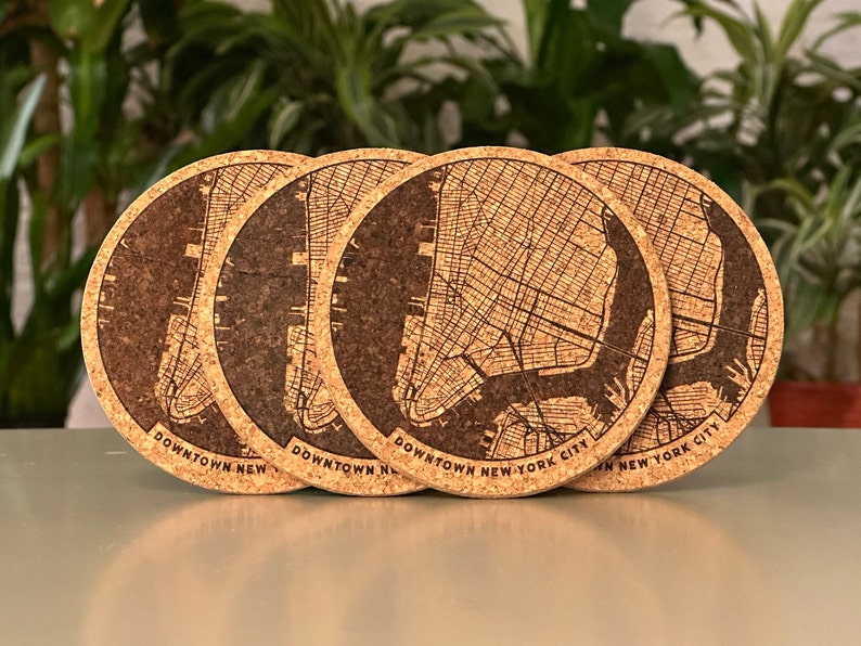 Downtown NYC New York City map coasters engraved cork set of 4 image 1