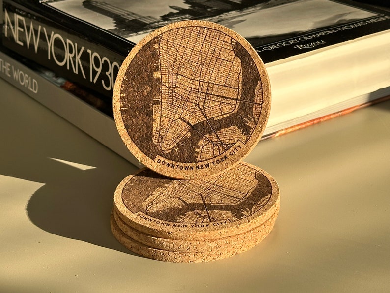 Downtown NYC New York City map coasters engraved cork set of 4 image 6