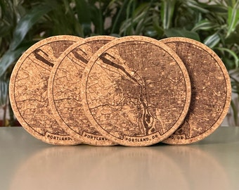 Portland, OR map coasters - engraved cork - set of 4