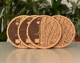 West Village NYC map coasters - engraved cork - set of 4