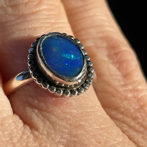 Black fire opal and sterling silver ring