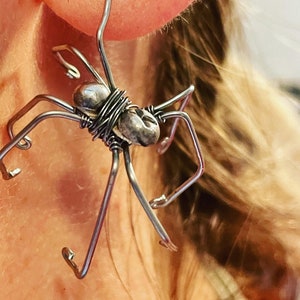 Sterling silver and stainless steel spider earrings