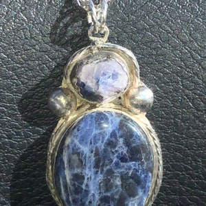 Sterling silver raw sapphire and sodalite pendant with sterling silver chain