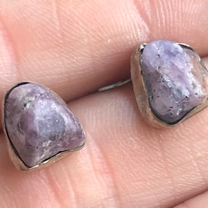 Pink/purple raw sapphire stud earrings in sterling silver