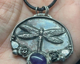 Dragonfly made from vintage flatware, sterling silver embellishments and amethyst