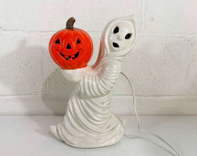Vintage Ceramic Ghost Light Jack O' Lantern Halloween Party Pumpkin