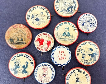Vintage Novelty Pinback Button Brooch - Sold Individually - Funny Gag Gift 1940s 1950s Blue Red Mid Century