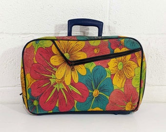 Vintage Mini Flower Power Suitcase Rainbow Floral Case Make Up Bag Makeup Overnight Bag Luggage Travel 1950s Japan 1960s Mod Kitsch Kawaii