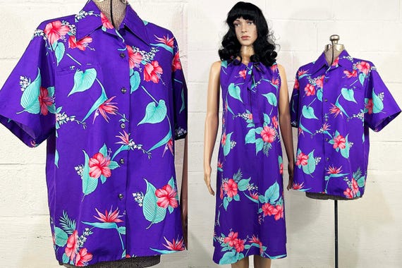 Vintage Purple Hawaiian Honeymoon Set Shirt Dress Hibiscus Tiki Floral Sleeveless Hawaii Luau Tropical 1980s 80s Large XL