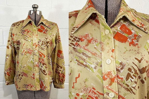 Vintage Abstract Brown Button Front Shirt Long Sleeves Mod Orange 1970s 1960s Large