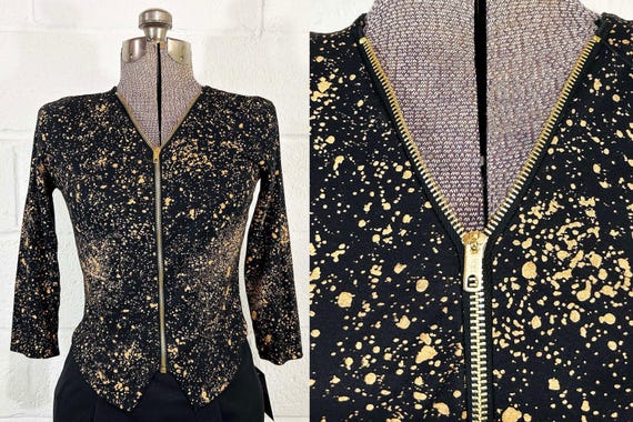 Vintage Helen Sue Black & Tan Splatter Paint Zip Front Lightweight Jacket Top Long Sleeve Shirt TV Movie Costume 1970s 1980s Small XS