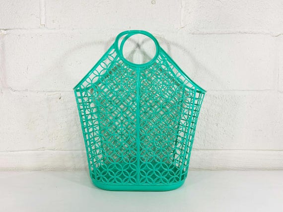 Vintage Shamrock Neatway Teal Blue Plastic Tote Circle Handle Basket Beach Reusable Bag 1960s 60s
