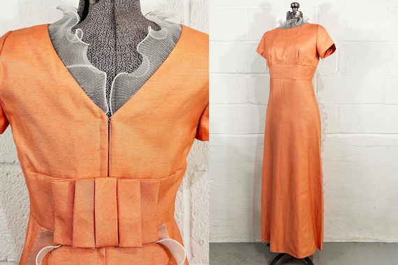 Vintage Peach Maxi Dress Wavy Lace Trim Hostess Gown Empire Waist A-Line Salmon Twiggy Short Sleeve Back Bow Dopamine 1960s 60s Small XS