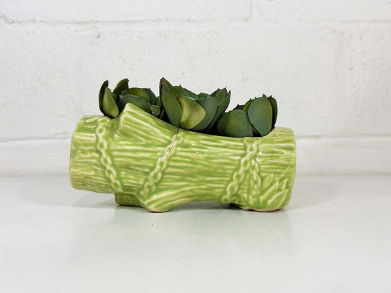 Vintage Brush McCoy Lime Green Log Planter Chains   Pottery Pot Made in the USA 1950s