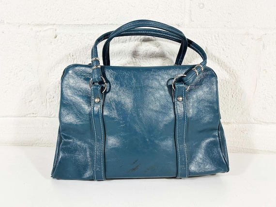 Vintage Blue Top Handle Purse Structured Bag Mod Handbag 1970s 1960s