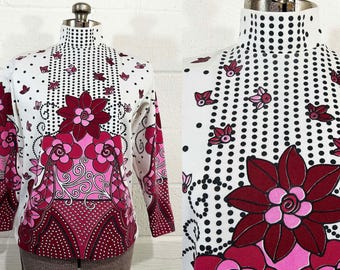 Vintage Floral Mockneck Top Shirt Blouse Long Sleeved Pink Baroque Filigree 1960s 1970s Medium