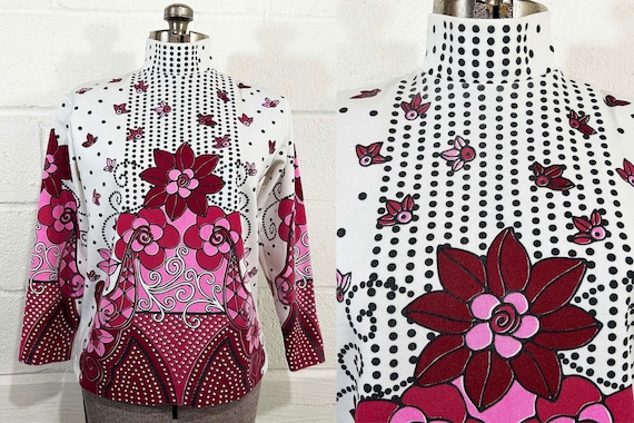 Vintage Floral Mockneck Top Shirt Blouse Long Sleeved Pink Baroque Filigree 1960s 1970s Medium