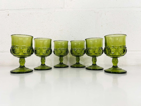 Vintage Green Kings Crown Glasses Cordial Barware Aperitif Stemware Mount Vernon Thumbprint Stemmed Set of 6 Indiana Glass Green 1960s Bar