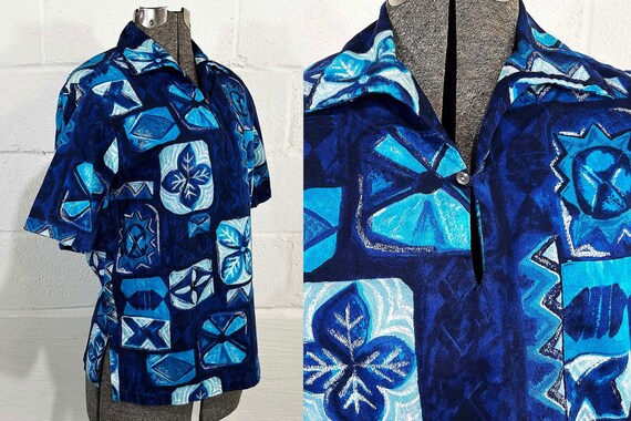 Vintage Malihini Hawaiian Aloha Shirt 1960s Tiki Blue Hawaii Top Medium