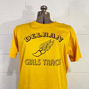 Vintage Yellow T-Shirt Jerzees Delran Girls Track Single Stitch Short Sleeve Tee Hipster Shirt New Jersey Unisex 1980s 80s Large image 3