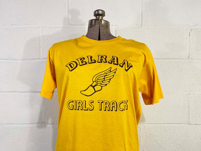 Vintage Yellow T-Shirt Jerzees Delran Girls Track Single Stitch Short Sleeve Tee Hipster Shirt New Jersey Unisex 1980s 80s Large image 3