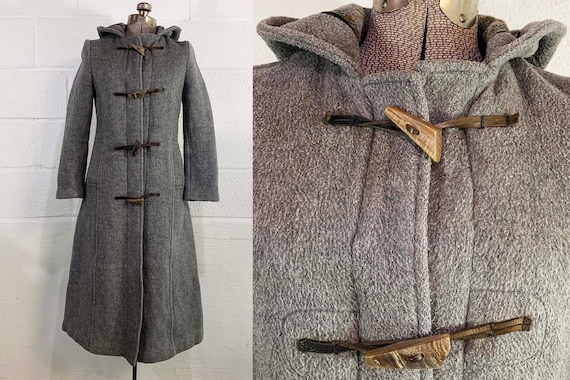 Vintage 1970s Coat Winter Long Jacket Hipster Toggle 70s Gloverall Wool Blend Duffle Horn Toggles England Grey British Gray Hooded Small XS