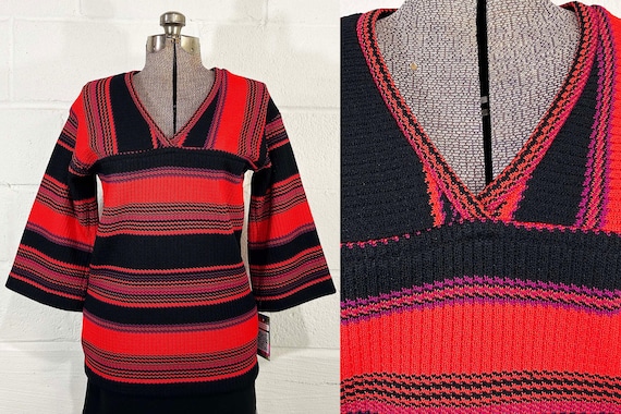 Vintage 1960s Bell Sleeve Sweater Orange Red Black Striped 1970s 3/4 Sleeve V Neck Boho Hippie Tunic Medium